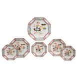 A set of six Chinese famille rose octogonal plates and dishes, floral decorated with lotus flowers