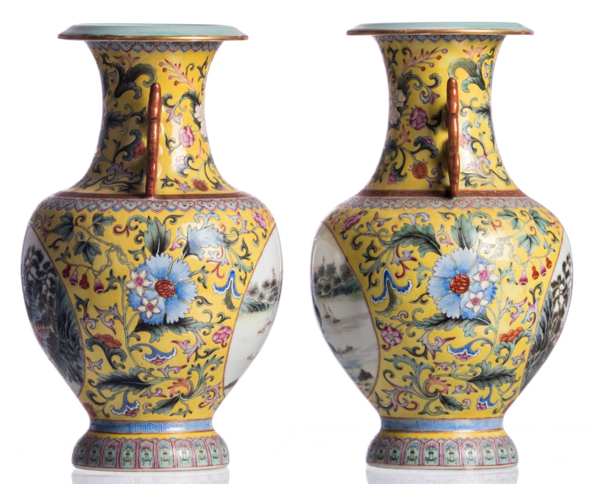 A pair of Chinese yellow ground polychrome and floral decorated vases, the roundels with mountainous - Bild 2 aus 8