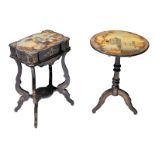 A ladies work table and a tilt top table, decorated with historicizing scenes and with mother-of-