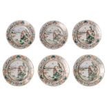 Six Chinese export porcelain famille rose and gilt decorated dishes with figures in a landscape,