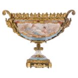 A fine jardiniere with gold-layered light blue ground, decorated with mythological scenes and