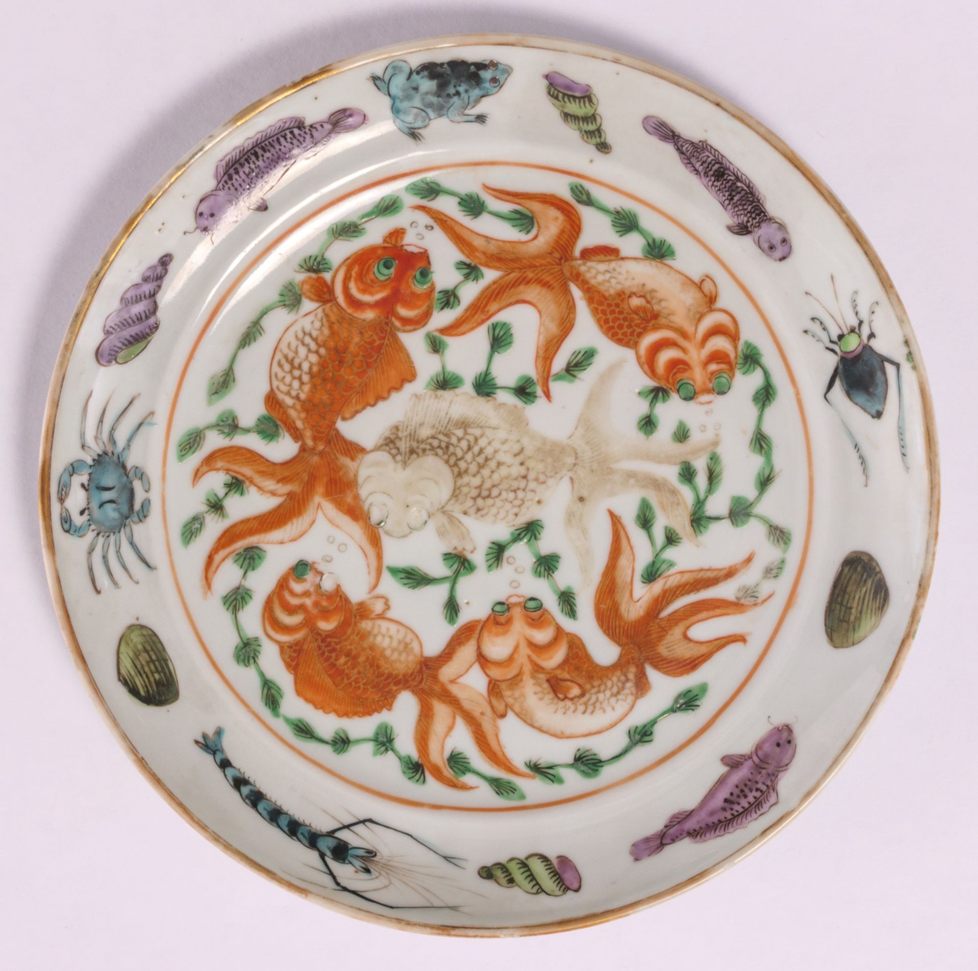Two pairs of Chinese polychrome decorated dishes, one pair with various fresh-water animals and - Image 6 of 9