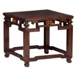 A Chinese quadrangular hardwood tea table, H 50 - W 55 - D 55 cm