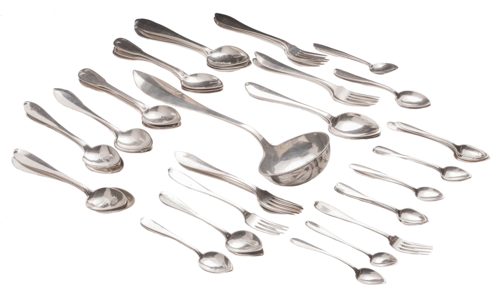 Various Neoclassical silver cutlery; added seven silver spoons à filet - Total silver weight: