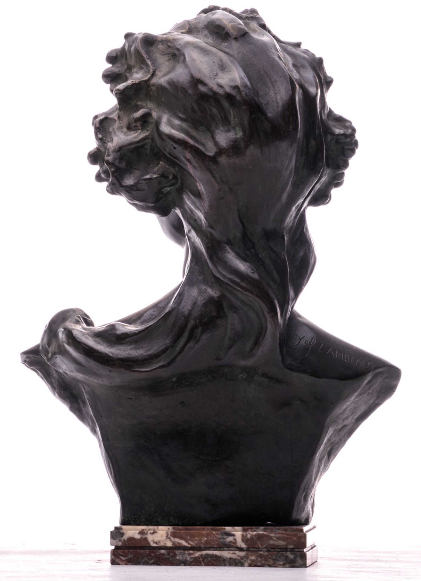 Lambeaux J., a bust of Bacchus, patinated bronze on a Rouge royal marble base, H 58 cm - Bild 4 aus 8