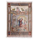 An Oriental rug, with an animated scene, antiquities and calligraphic texts, wool on cotton, 175 x
