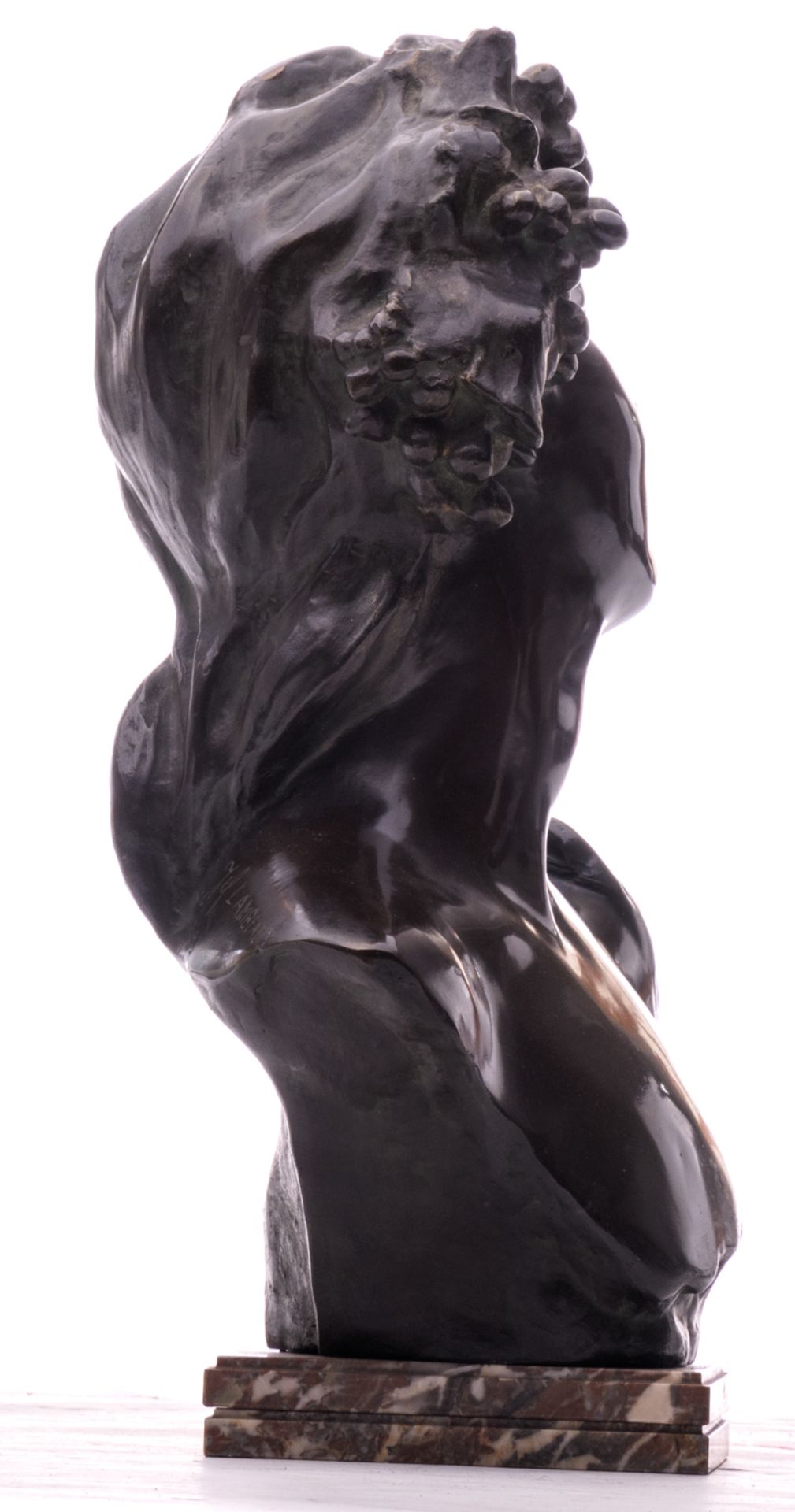 Lambeaux J., a bust of Bacchus, patinated bronze on a Rouge royal marble base, H 58 cm - Bild 5 aus 8
