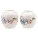 Two Chinese polychrome decorated pots with an animated scene in a garden and calligraphic texts, H