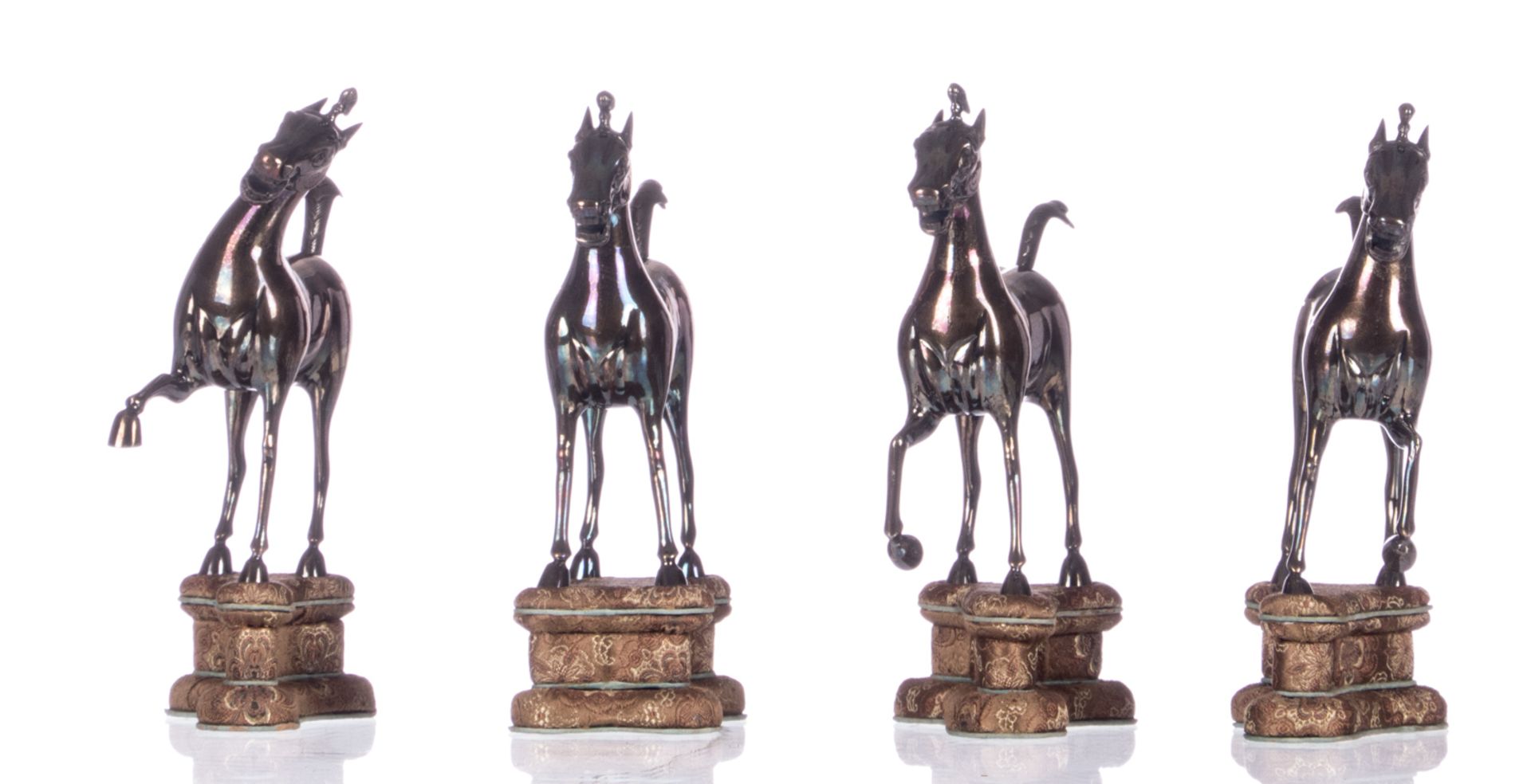 Four Chinese sterling silver horses, standing on a textile covered base, 20thC, H horses 11,4 - H - Image 2 of 6