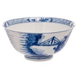 A Chinese blue and white bowl, overall decorated with court ladies in a pavillion, marked, H 9,5 - ø