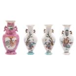 Three Chinese polychrome decorated wall vases with figures on a terrace; added a ditto pink ground