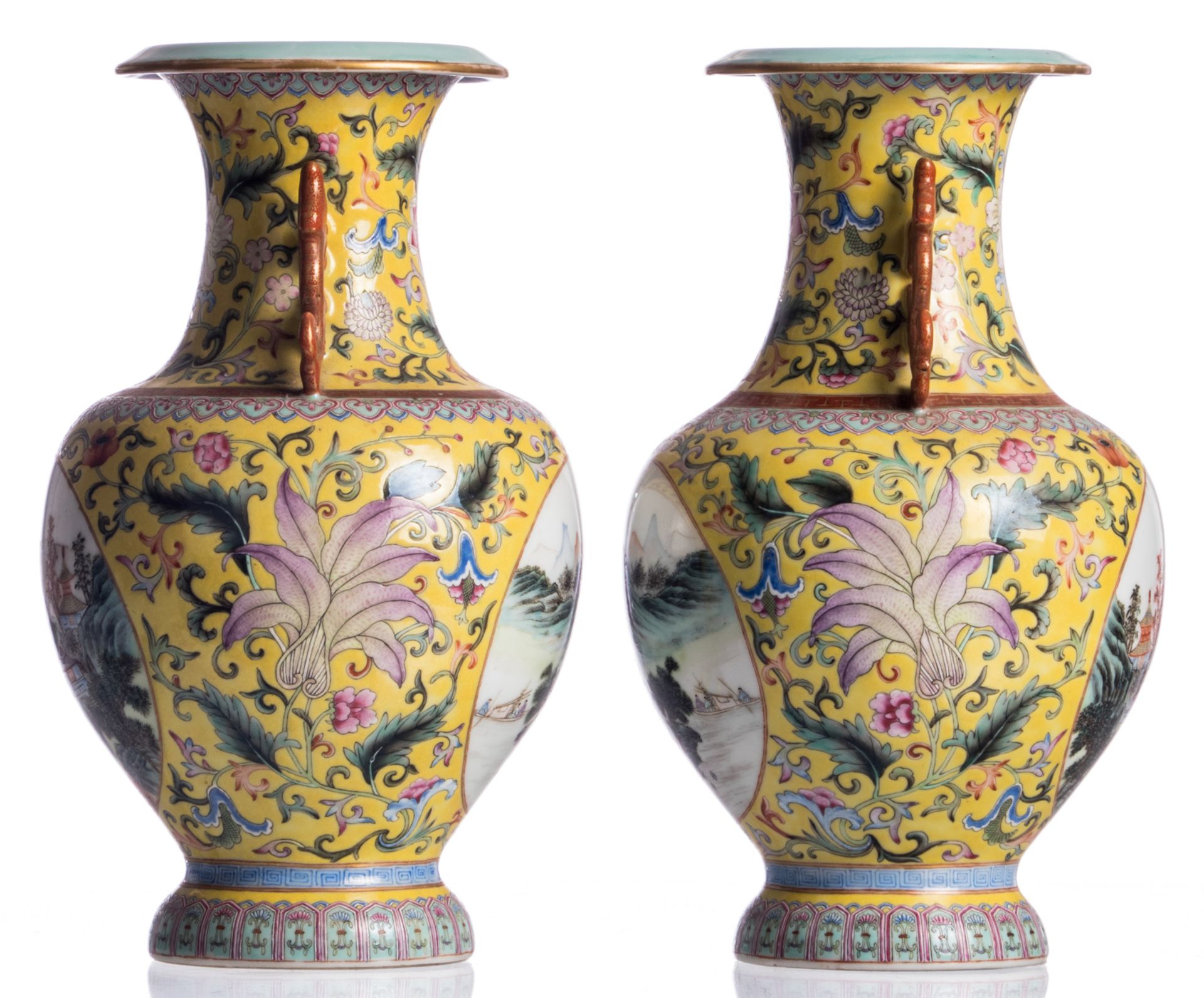 A pair of Chinese yellow ground polychrome and floral decorated vases, the roundels with mountainous - Bild 4 aus 8