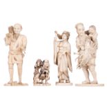 Four Japanese ivory okimono with tinted engraving, depicting a man with a child and a bunch of