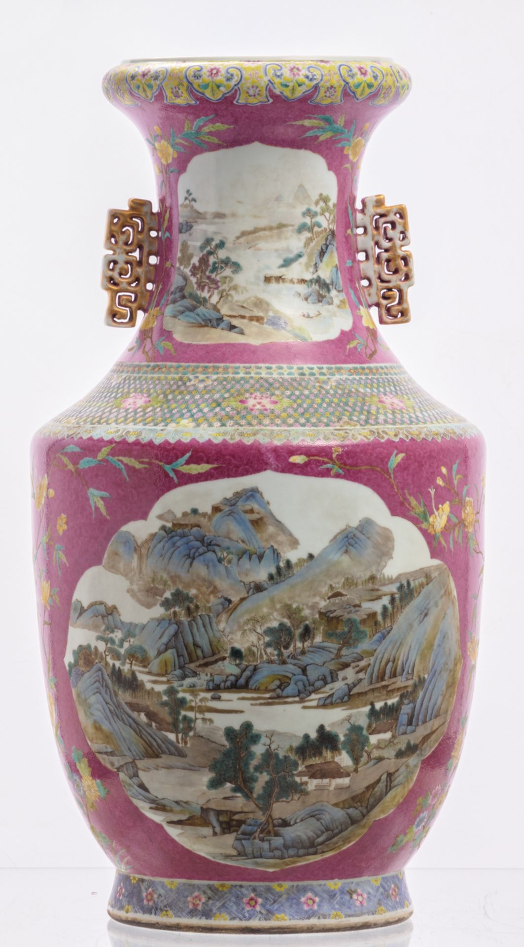 A Chinese pink ground floral incised famille rose and polychrome begonia shaped vase, the roundles - Bild 3 aus 6