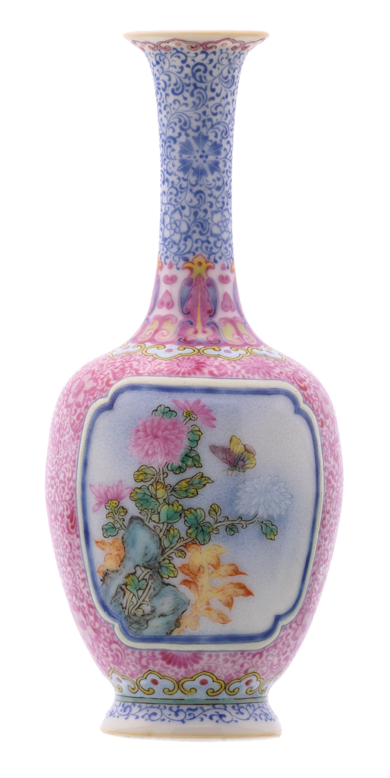 A Chinese famille rose miniature bottle vase, floral decorated, the roundels with a rock, a