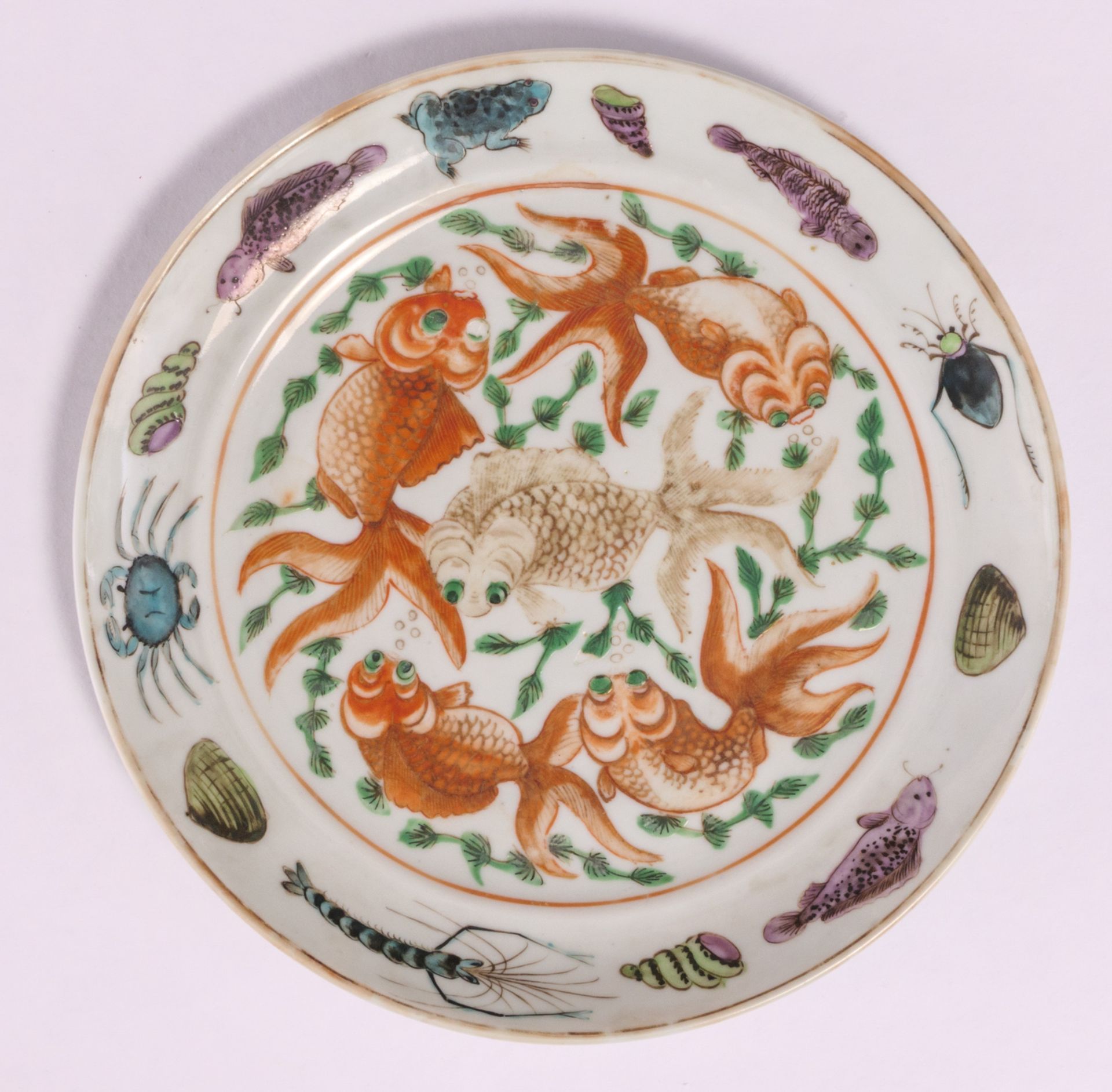 Two pairs of Chinese polychrome decorated dishes, one pair with various fresh-water animals and - Image 8 of 9