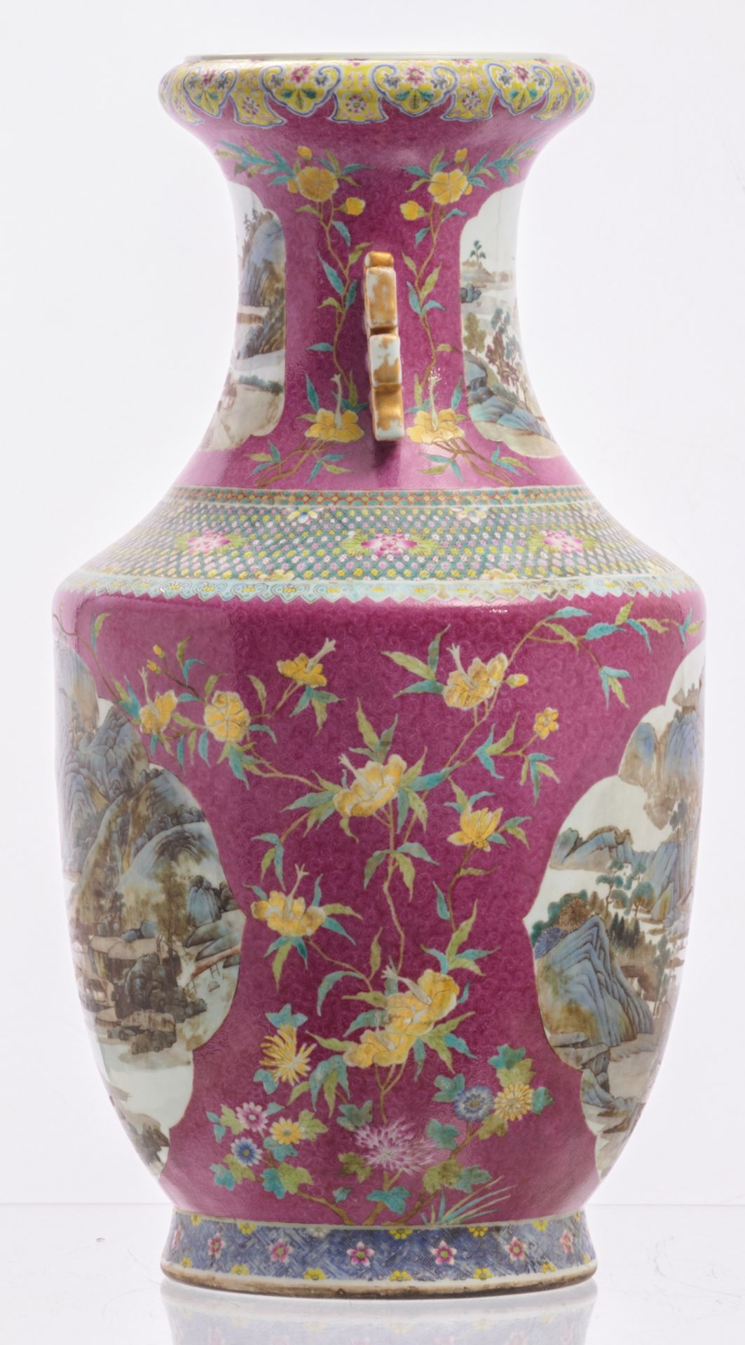 A Chinese pink ground floral incised famille rose and polychrome begonia shaped vase, the roundles - Bild 2 aus 6