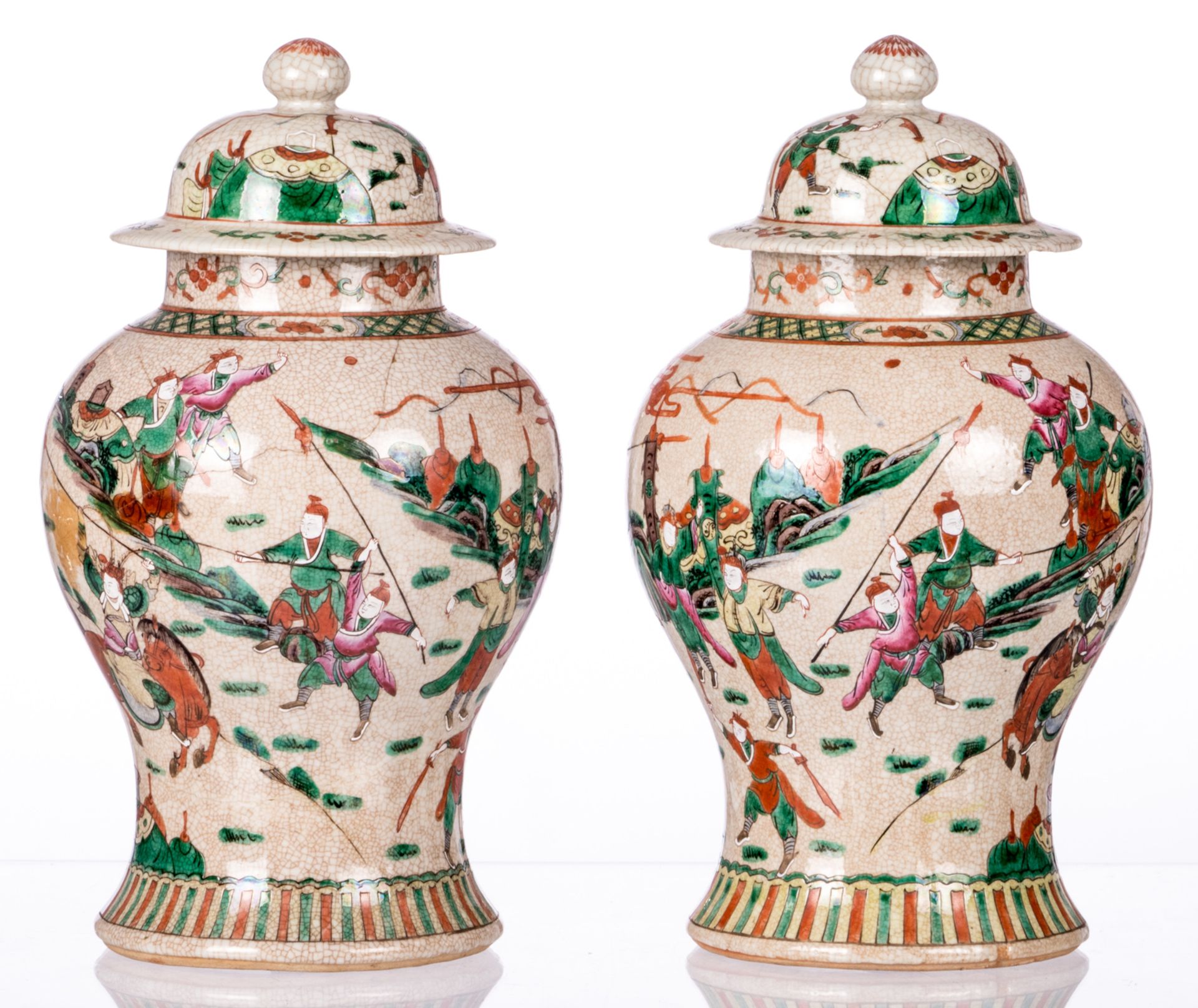 A pair of Chinese stoneware vases and covers, overall polychrome decorated with warrior scenes, - Image 4 of 19