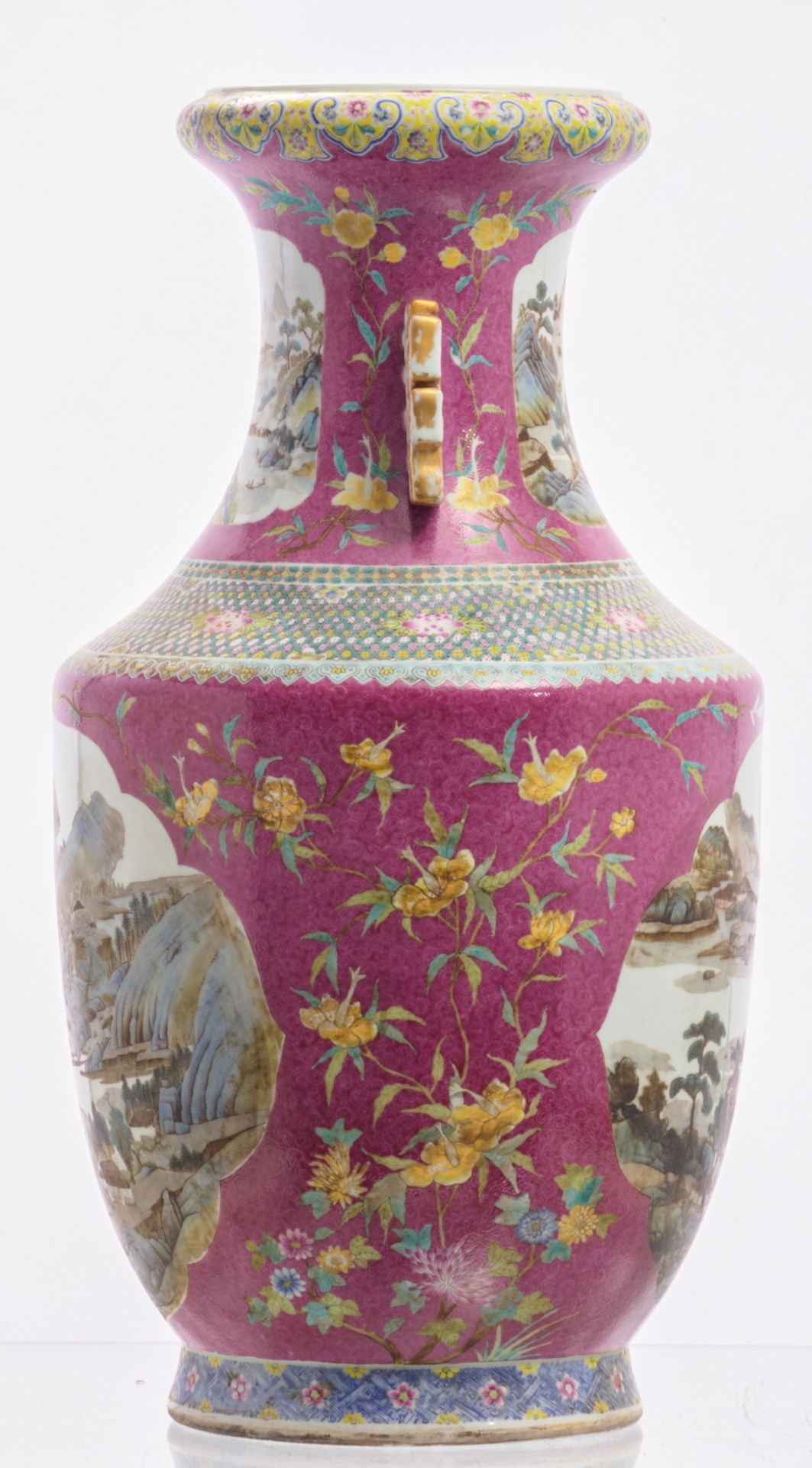 A Chinese pink ground floral incised famille rose and polychrome begonia shaped vase, the roundles - Bild 4 aus 6