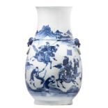 A Chinese overall blue and white decorated vase with a hunting scene, H 46,5 cm