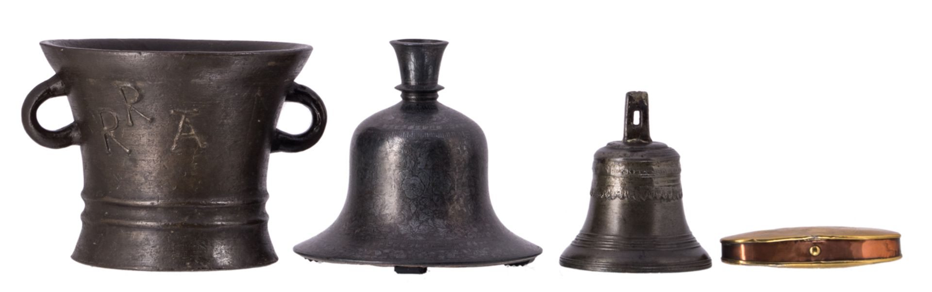 A bronze bell, dated 1688; a 19thC Middle Eastern cast iron recipient, a large bronze mortar and