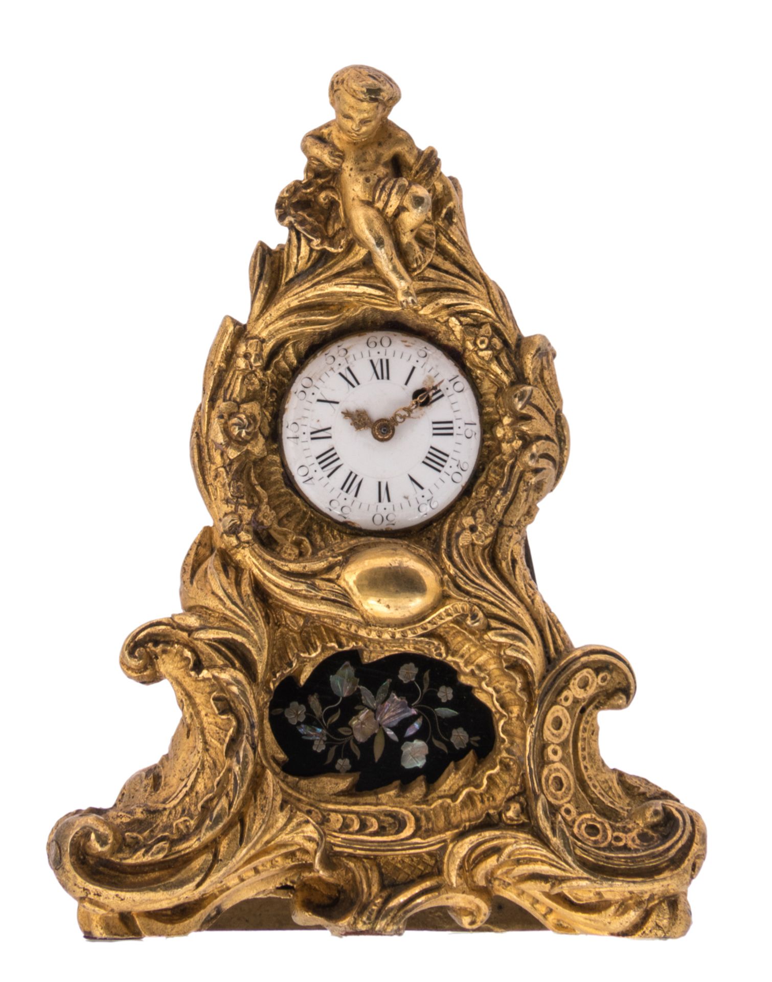 A probably French and 18thC Rococo style table clock, gilt bronze and a tole plate with mother of