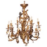 A 19thC Rococo style gilt and patinated bronze chandelier, H 95 - W 80 cm