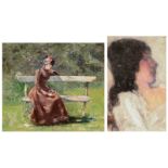 Unsigned, a musing lady in a park, oil on panel, 32,5 x 39 cm; added attributed to Allard L'