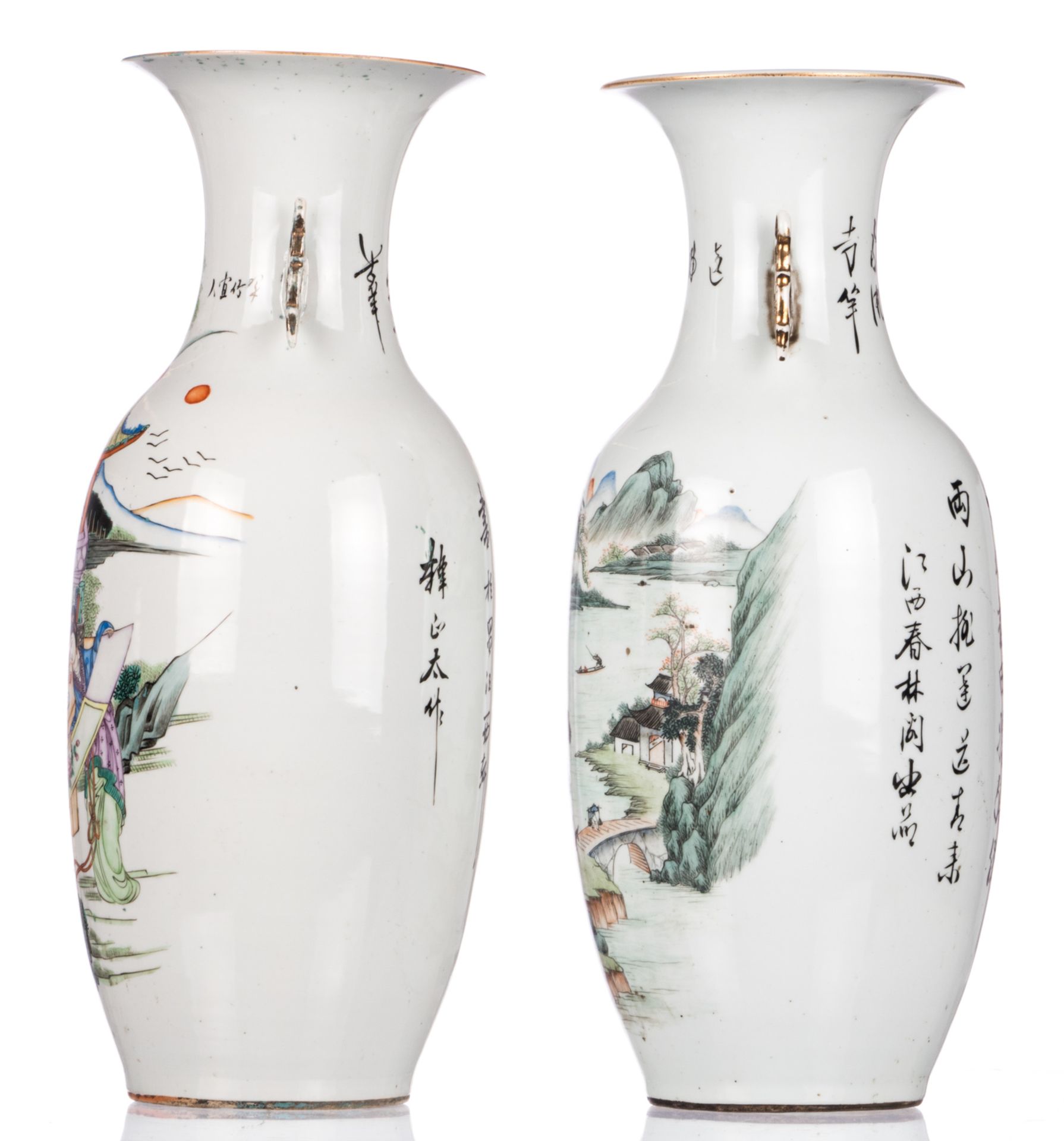 Two Chinese polychrome decorated vases, one side with a gallant garden scene and one vase with - Bild 2 aus 6