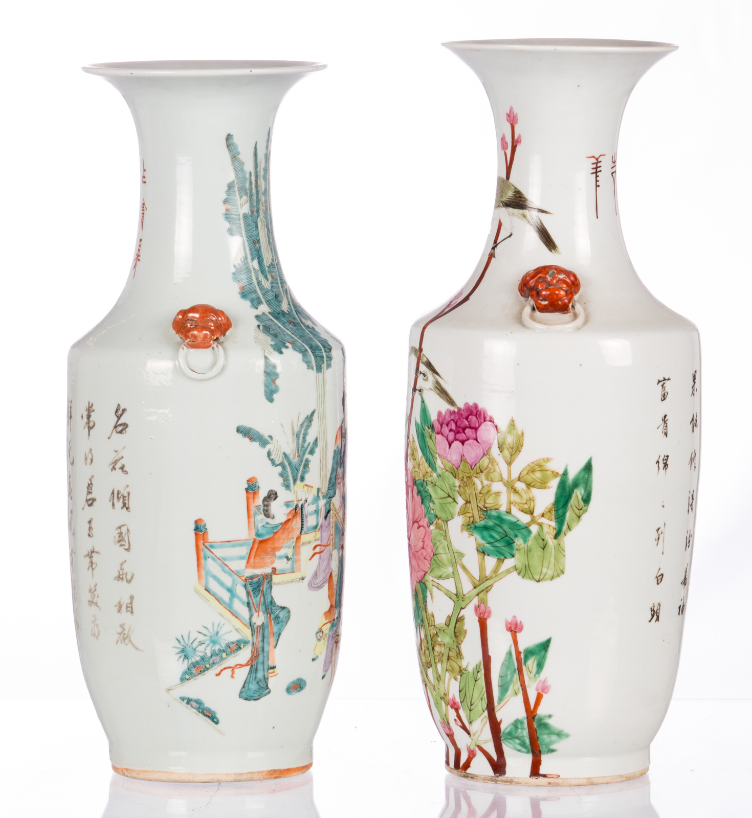 Two Chinese polychrome and famille rose decorated vases, one with an animated scene, one with - Bild 2 aus 6