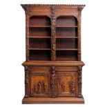 A probably French 19thC oak Renaissance revival library bookcase, H 250 - W 157 - D 52 cm