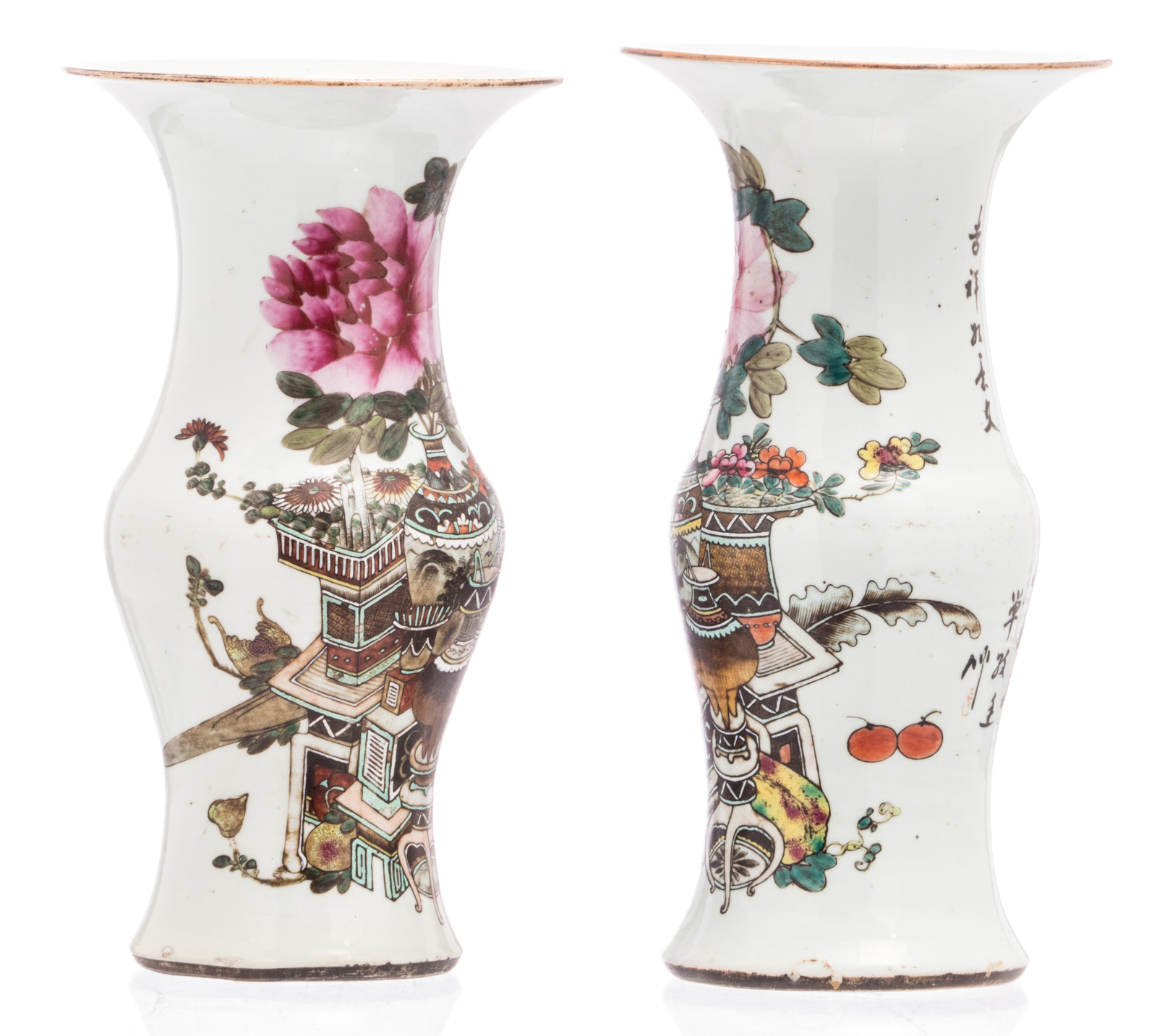 Two Chinese famille rose yenyen vases, decorated with antiquities, flower branches and - Bild 2 aus 6