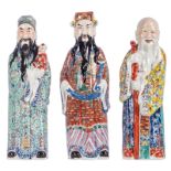 Three Chinese polychrome decorated 'Fu Lu Shou Xing' figures, two marked, about 1900, H 45,5 - 47,