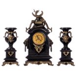 A second half of the 19thC Rance marble and patinated bronze mounts three-piece garniture, the