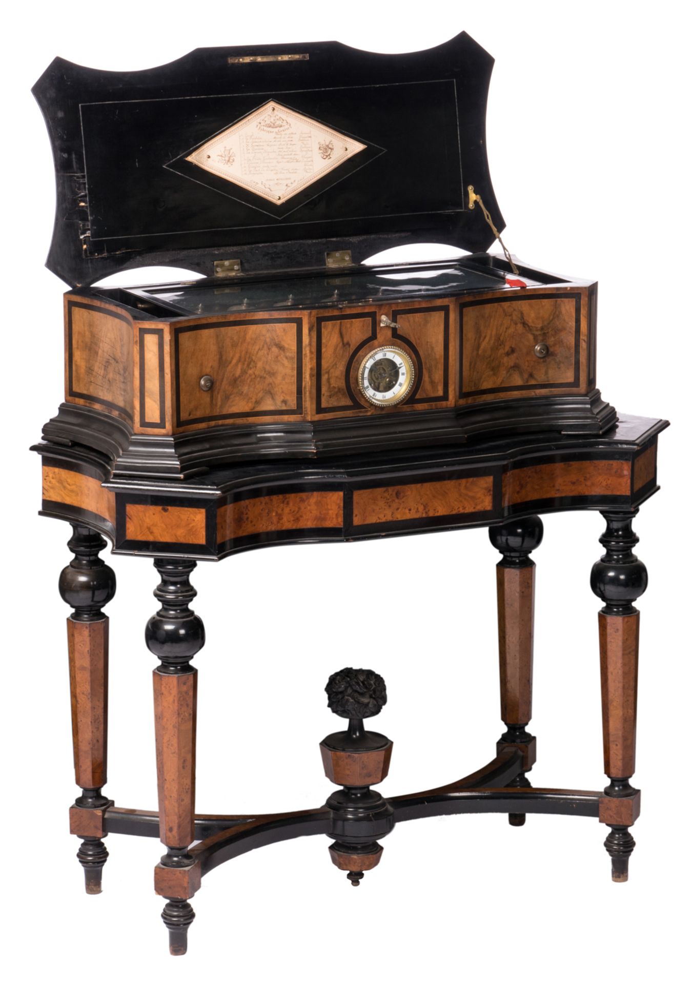A fine burl walnut and ebonised wooden cylinder music box with orchestreon organ, 'Fabrique de