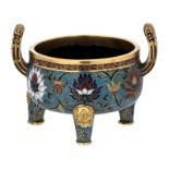 A Chinese gilt bronze cloisonné enamel tripod incense burner with floral motifs, H 10,5 - W 14,5 cm