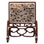 A Chinese openwork jade miniature table screen with carved hardwood stand, H 11,5 - W 8,5 - D 4,5