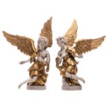 A pair of 18thC polychrome and gilt decorated limewood altar angels, H 84 cm