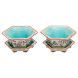 A pair of Chinese hexagonal jardinieres and plates with rocks and flower branches, marked, H 4,5 -