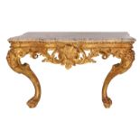 A second quarter of the 18thC possibly French exceptional gilt pinewood Rococo console, Brèche