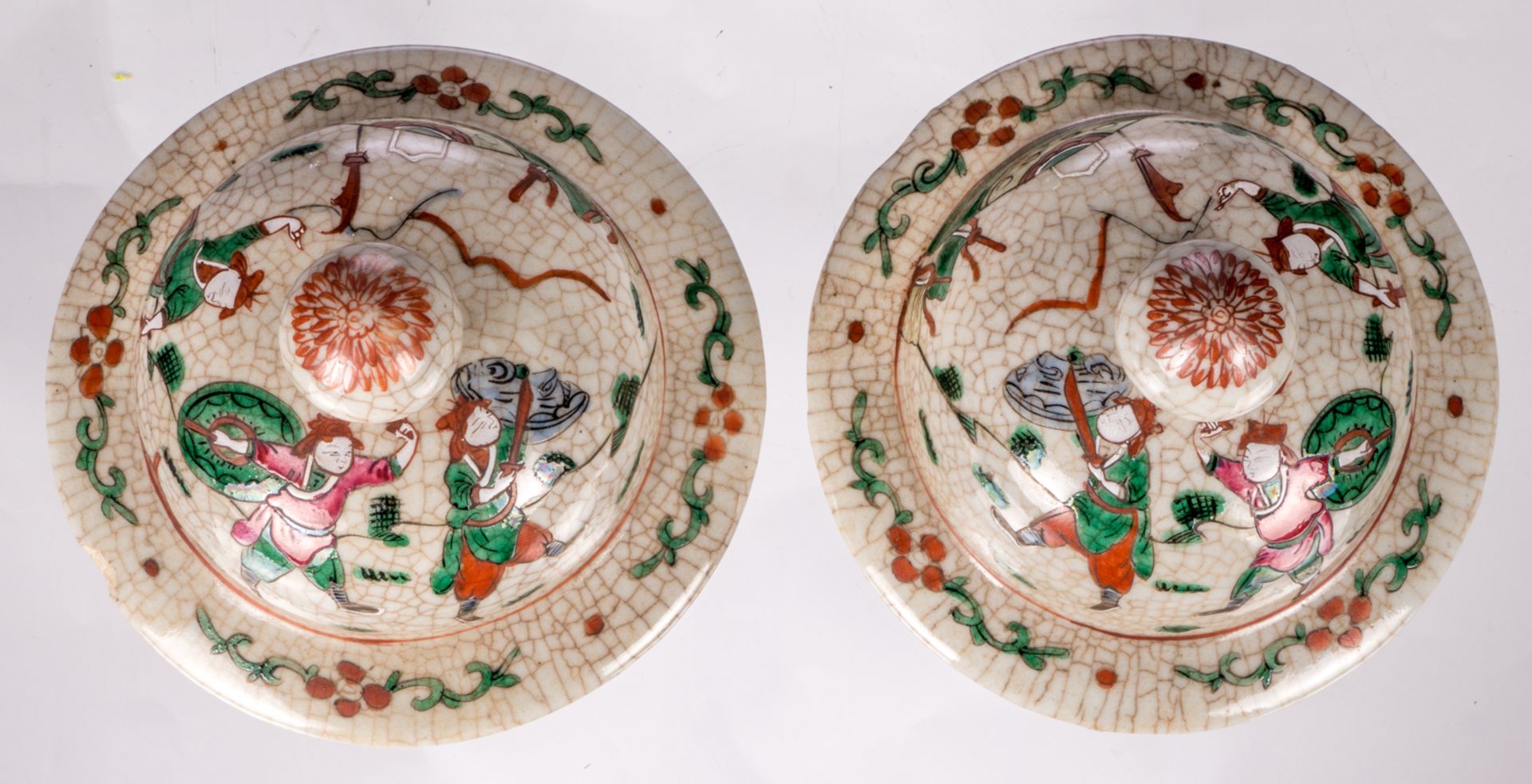A pair of Chinese stoneware vases and covers, overall polychrome decorated with warrior scenes, - Image 14 of 19