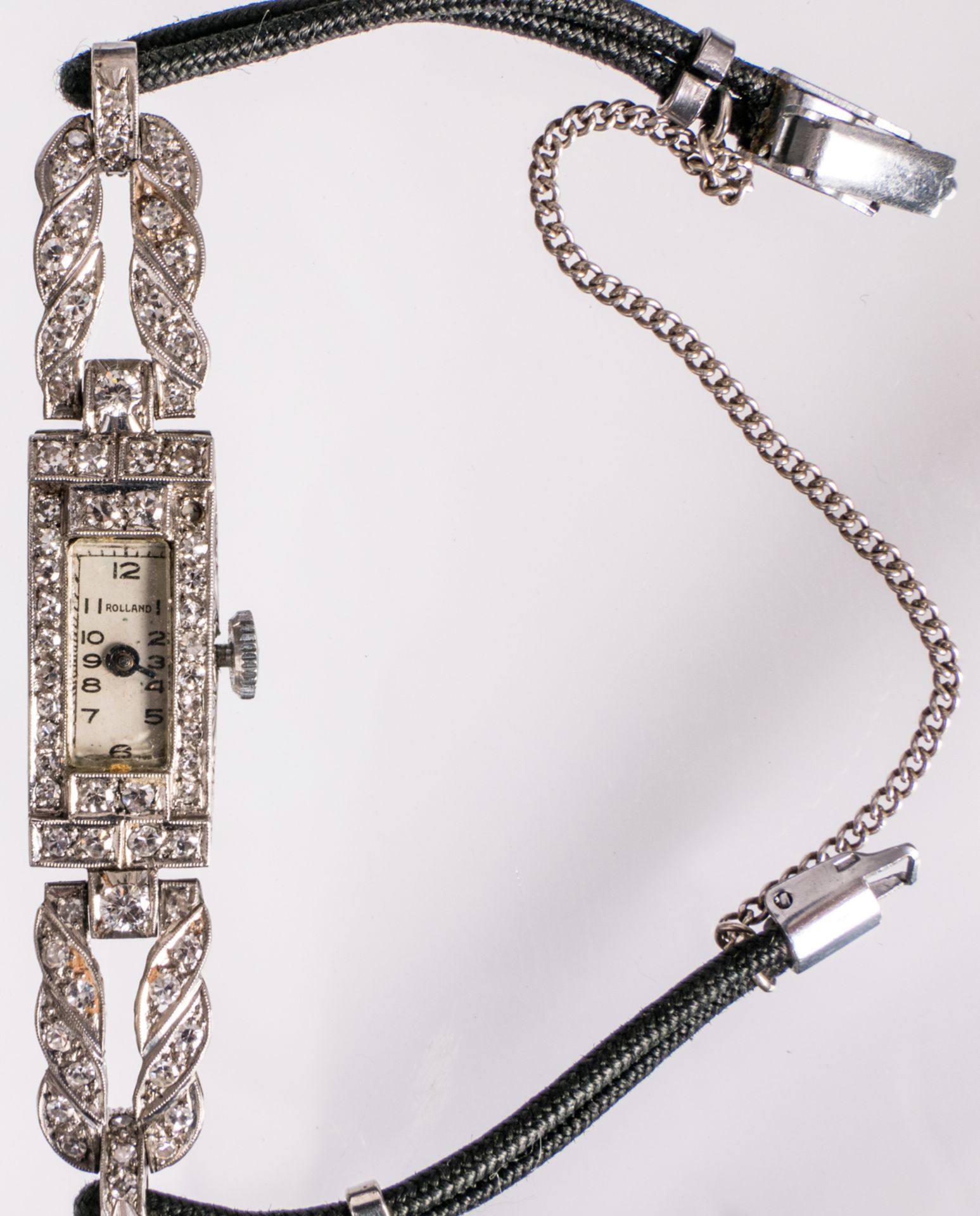 A platina Art Deco period ladies wrist watch set with brilliant cut diamonds, mark 'Rolland' - - Image 4 of 4