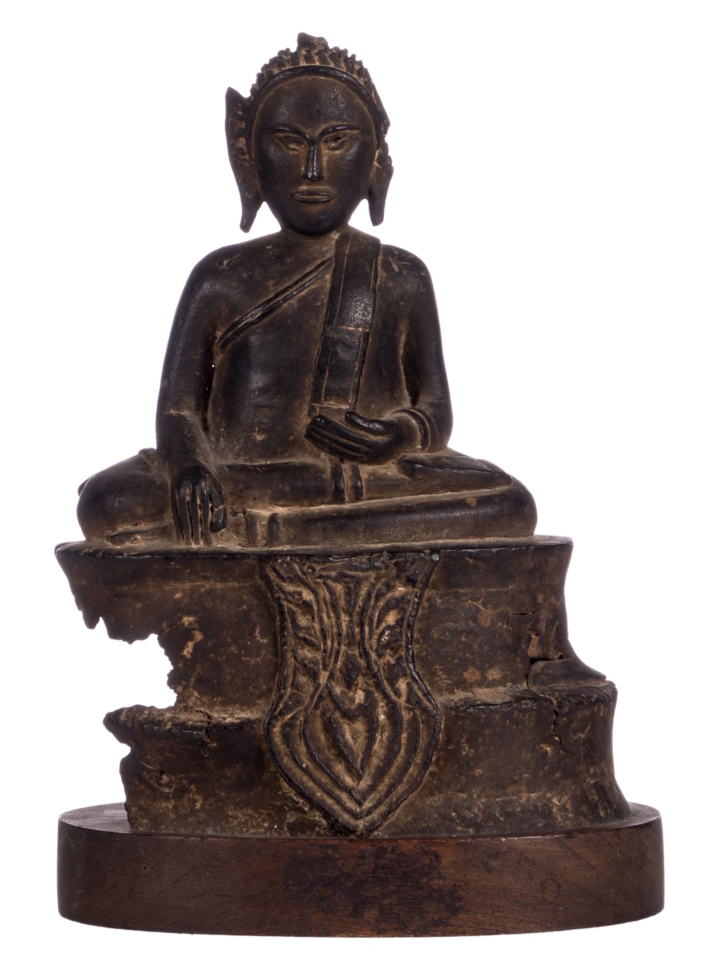 An Oriental seated bronze Buddha on a matching wooden base, Thailand, (with certificate), H 23,5 (