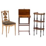 A 19thC mahogany heatscreen, a Historism kidney-shaped étagère and a gilt wood chair, H 85 - 93 -