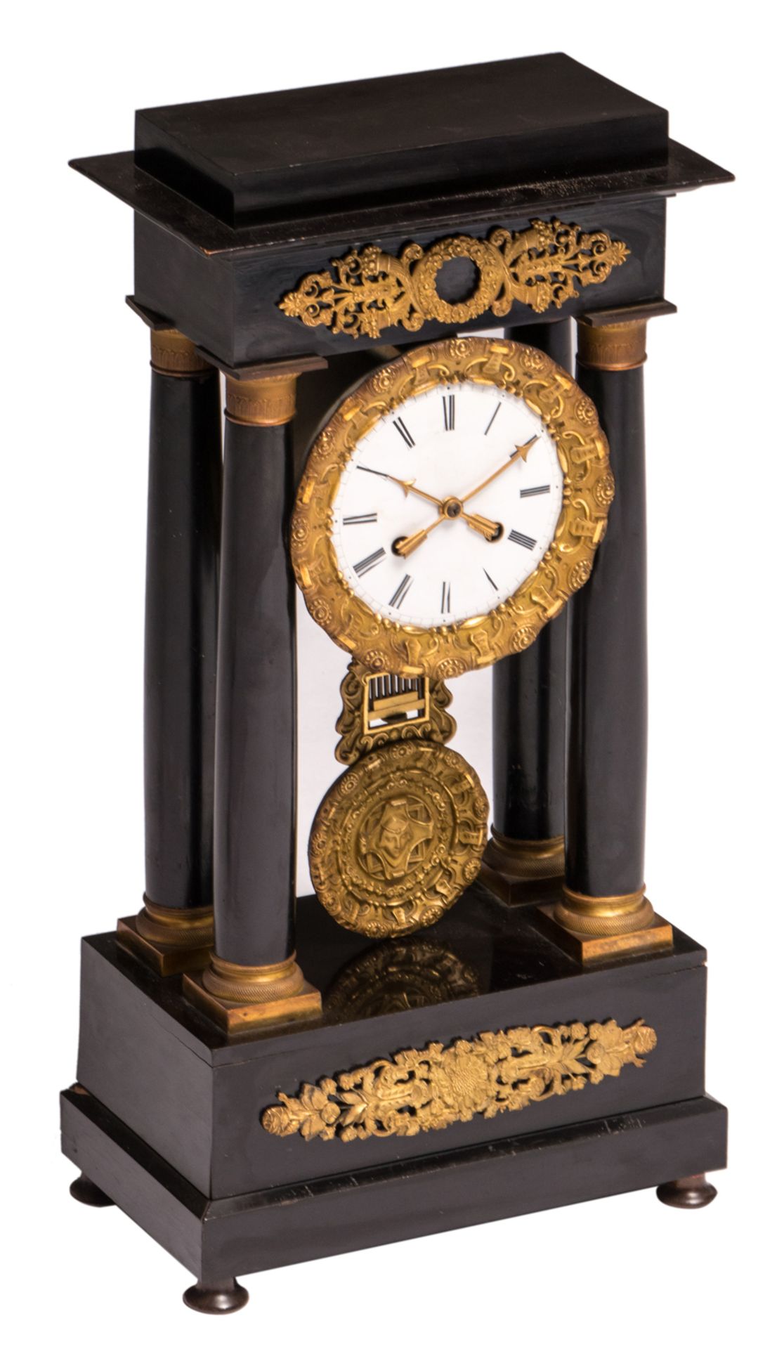 A Historism portico clock 'en deuil' with bronze mounts, the work marked 'Juvart fils - Paris',