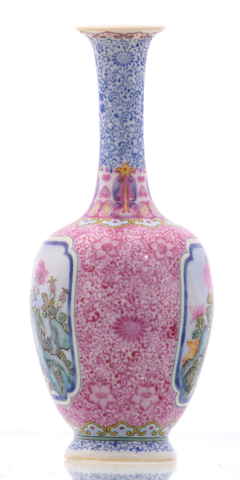 A Chinese famille rose miniature bottle vase, floral decorated, the roundels with a rock, a - Bild 4 aus 6