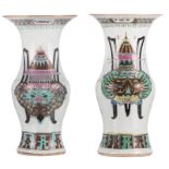 Two Chinese famille rose yenyen vases, decorated with antiquities and calligraphic texts, H 36 cm