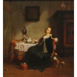 (Plumot A.), a lady in a 17thC dress in a ditto interior, oil on panel, dated 1860, 49 x 53 cm