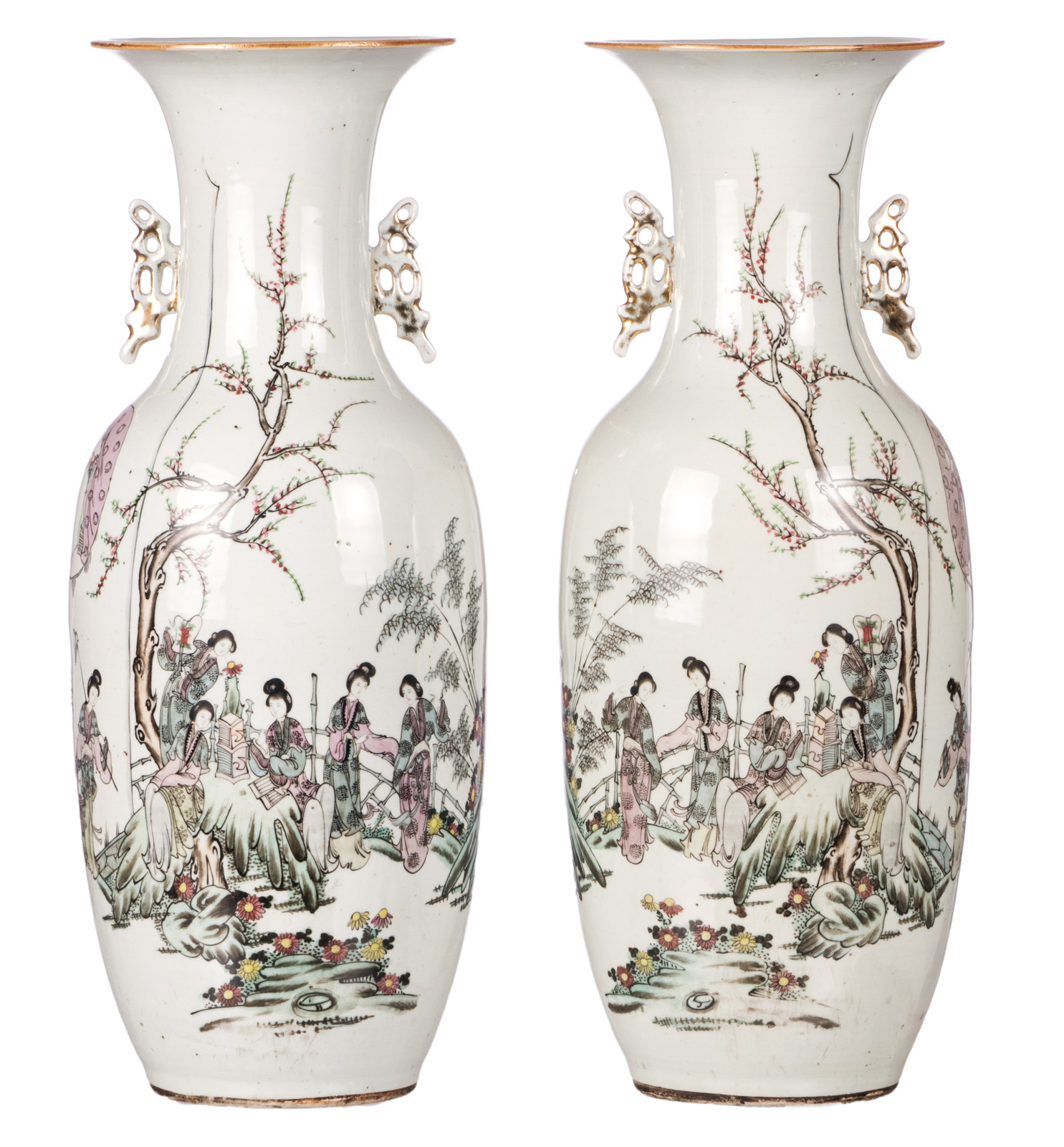 A pair of Chinese famille rose vases, decorated with a gallant scene and calligraphic texts, H 58,