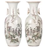 A pair of Chinese famille rose vases, decorated with a gallant scene and calligraphic texts, H 58,